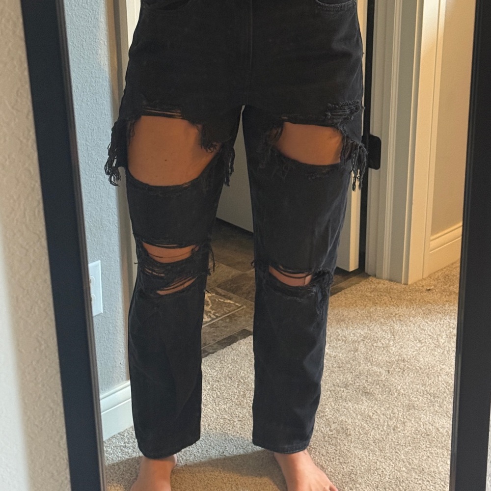American Eagle Outfitters Black Distressed Straight Leg Jeans